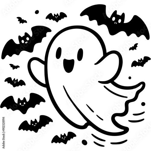 Halloween ghost flies among flock of bats in monochrome. Simple minimalistic vector in black ink drawing on transparent background