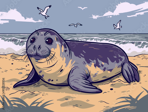 Illustrated seal lounging on a sandy beach with seagulls flying overhead, capturing the serene coastal wildlife of a tranquil seaside environment