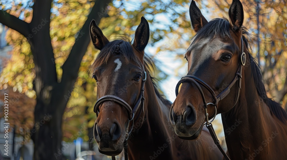 Obraz premium Two brown horses stand gracefully in a town square. Their sleek coats shine in the sunlight, contrasting beautifully with the cobblestone ground.