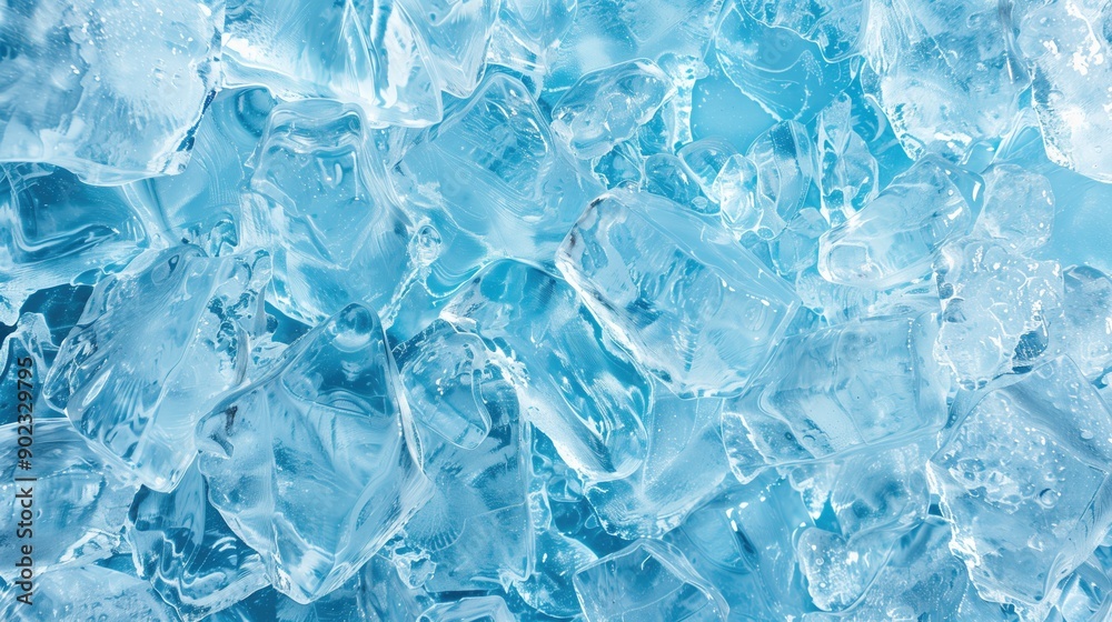 Close-up of clear, melting ice cubes with water droplets on light blue background. Concepts of freshness, chill, and hydration. Close-up of clear, melting ice cubes with water droplets on light blue background. Concepts of freshness, chill, and hydration.