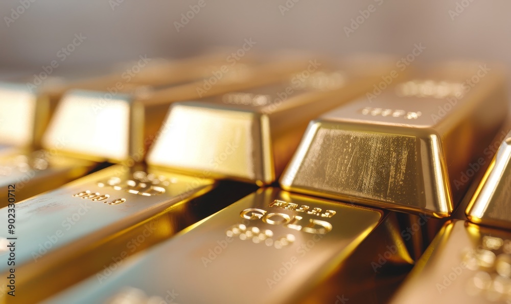 closeup of shiny gold bars stacked in rows, precious metal investment, wealth and luxury concept. closeup of shiny gold bars stacked in rows, precious metal investment, wealth and luxury concept.
