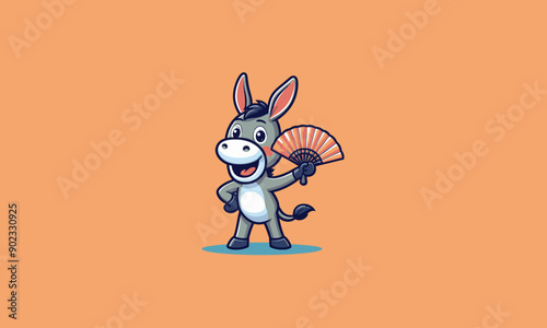 The donkey character smiles broadly while holding a fan in his hand vector mascot design