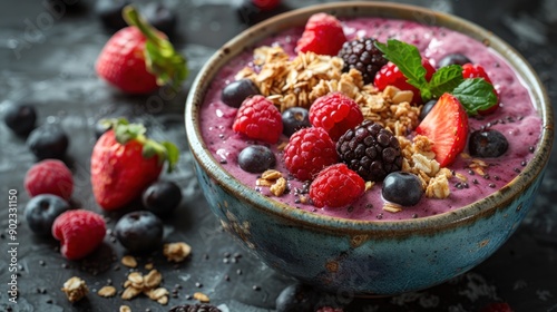 Vibrant smoothie bowl garnished with berries and granola, showcasing a healthy breakfast option