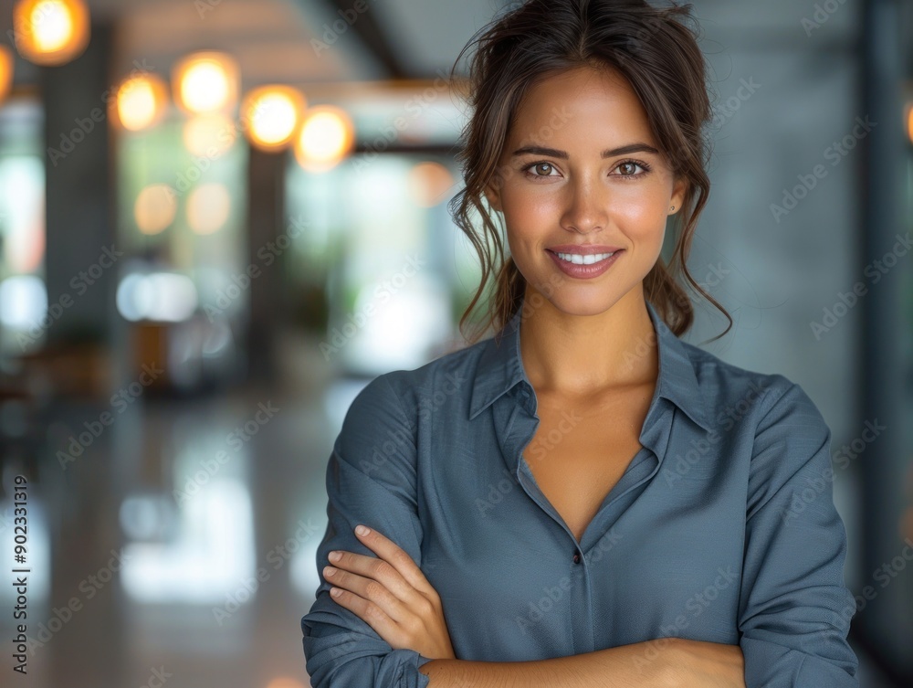 A young woman smiles confidently while standing indoors in a contemporary setting