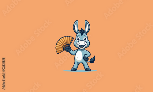 The donkey character smiles broadly while holding a fan in his hand vector mascot design