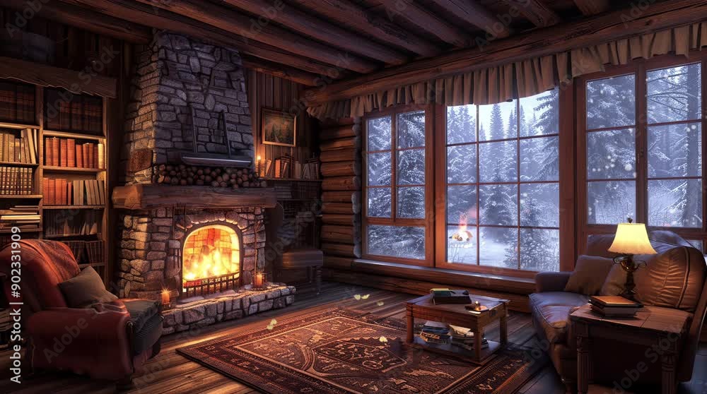 Warm cabin room with a fireplace and a window, overlooking a snowy winter landscape, creating a cozy and inviting atmosphere.
Seamless looping 4k time-lapse virtual video animation Generated AI Warm cabin room with a fireplace and a window, overlooking a snowy winter landscape, creating a cozy and inviting atmosphere.
Seamless looping 4k time-lapse virtual video animation Generated AI