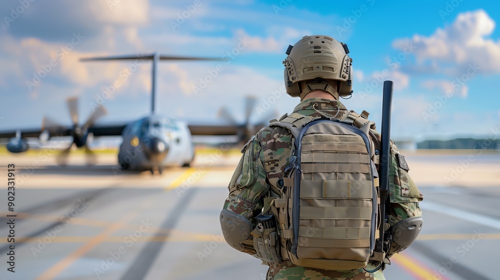 A soldier stands on the runway, ready for a mission, with a military aircraft in the background under a clear blue sky.