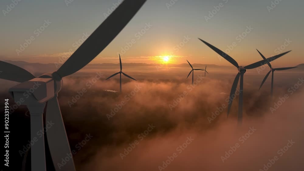 Wind energy plant at sunrise, clean and renewable power concept.