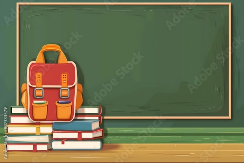 illustration of bag and book with pencil infront of blackboard photo