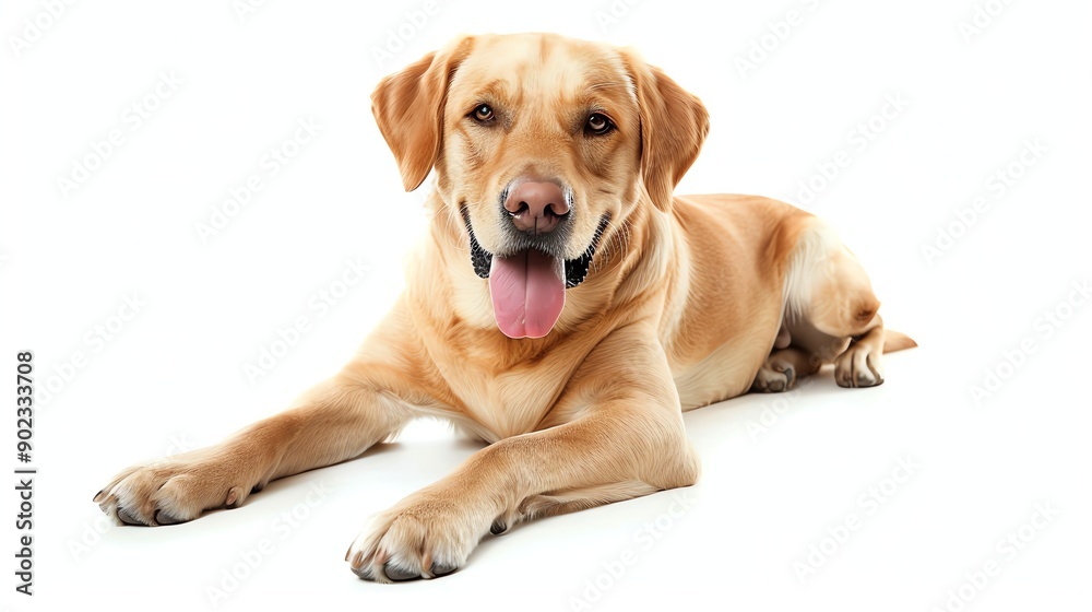 Fototapeta premium A studio shot of an adorable young Labrador Retriever lying down against a white background.
