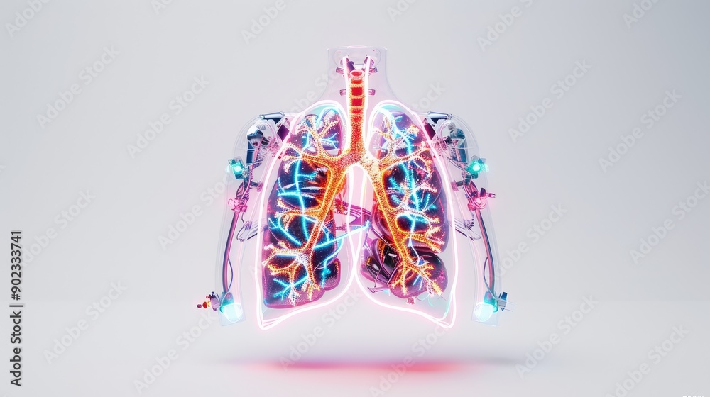 Futuristic Respiratory System Model in Neon Style on White Background with Glowing Trachea - 32K Digital Art Display, Generative Ai Futuristic Respiratory System Model in Neon Style on White Background with Glowing Trachea - 32K Digital Art Display, Generative Ai