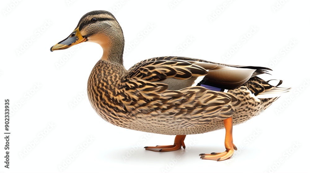 A beautiful duck is standing on a white background. The duck is looking to the left of the frame. The duck has brown and white feathers. A beautiful duck is standing on a white background. The duck is looking to the left of the frame. The duck has brown and white feathers.
