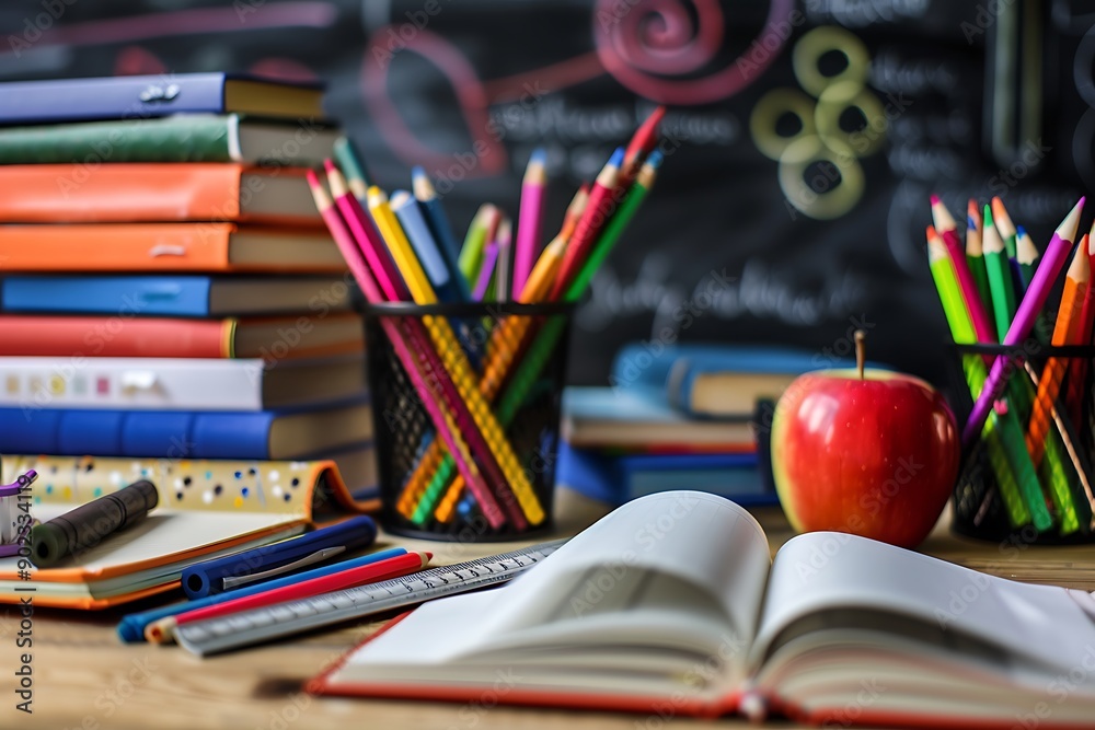 School supplies and apple on table. Back to school concept. School supplies and apple on table. Back to school concept.