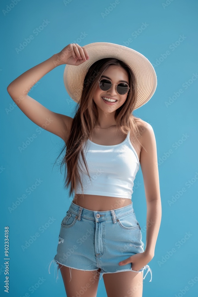 Stunning 70mm still photography,full body Portrait of young asian beautiful smiling female in trendy summer short skirt and white tank top. carefree woman posing isolated in blue backgrround Stunning 70mm still photography,full body Portrait of young asian beautiful smiling female in trendy summer short skirt and white tank top. carefree woman posing isolated in blue backgrround