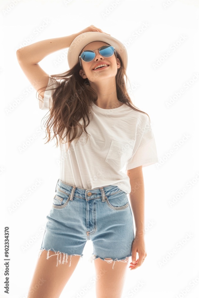 ultra realistic, full body Portrait of young caucasian beautiful smiling female in trendy summer short jeans skirt and minimal t-shirt. carefree woman posing isolated in white background ultra realistic, full body Portrait of young caucasian beautiful smiling female in trendy summer short jeans skirt and minimal t-shirt. carefree woman posing isolated in white background