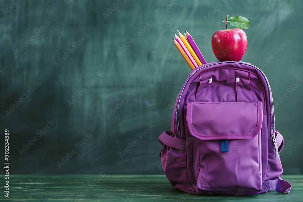 Purple backpack with school supplies on wooden table on green desk background Purple backpack with school supplies on wooden table on green desk background