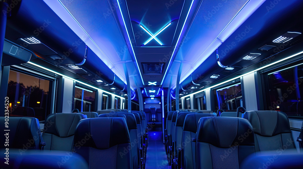 inside chairs layout model bus with blue lamp in the night inside chairs layout model bus with blue lamp in the night