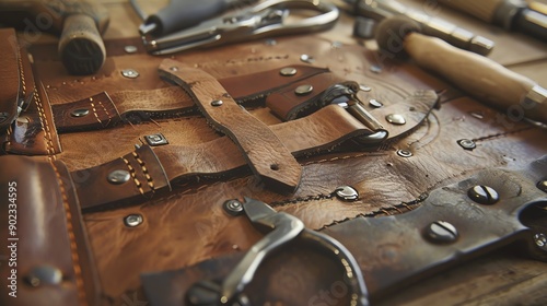 Rustic leatherworking tools and materials on a wooden table. The image is dark and moody, with the focus on the tools and materials.