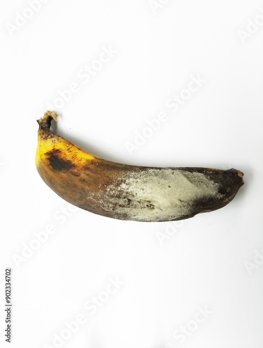 Moldy rotten banana on white background 