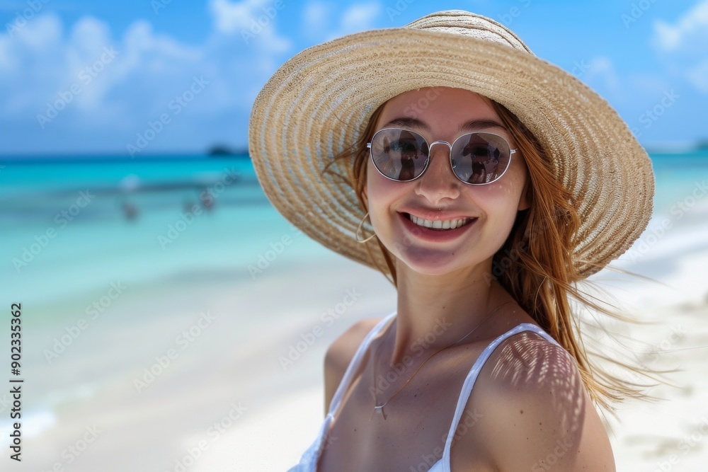 young smiling beautiful woman at tropical white sand beach on sunny day young smiling beautiful woman at tropical white sand beach on sunny day