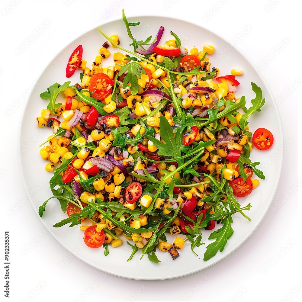 Top View of a Charred Sweetcorn Salad with Spicy Chili and Lime Oil Drizzled on a White Background - A Burst of Flavor and Texture. Top View of a Charred Sweetcorn Salad with Spicy Chili and Lime Oil Drizzled on a White Background - A Burst of Flavor and Texture.