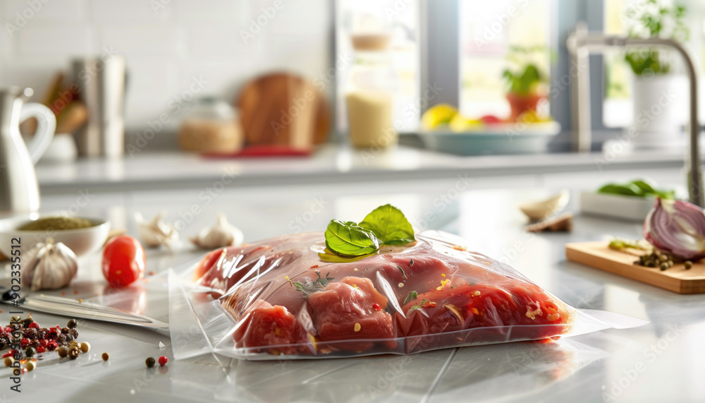 Vacuum-sealed bag of marinated meat with herbs on a kitchen counter with fresh ingredients around. Concepts of food preservation, cooking, and meal preparation. Vacuum-sealed bag of marinated meat with herbs on a kitchen counter with fresh ingredients around. Concepts of food preservation, cooking, and meal preparation.