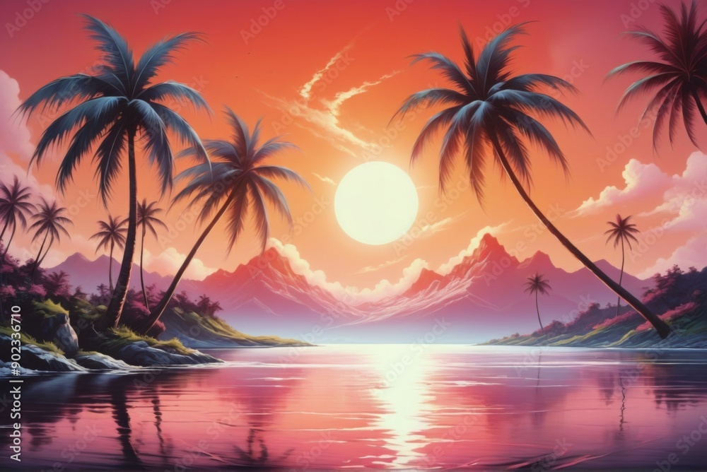 Beautiful landscape tropical island palm trees mountains backgro Beautiful landscape tropical island palm trees mountains backgro