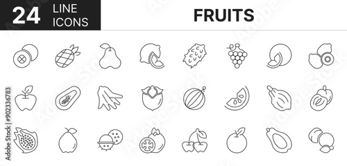 Collection of 24 Fruits line icons featuring editable strokes. These outline icons depict various modes of Fruits, exotisch, pictogram, ingesteld, eetbaar, appel, 