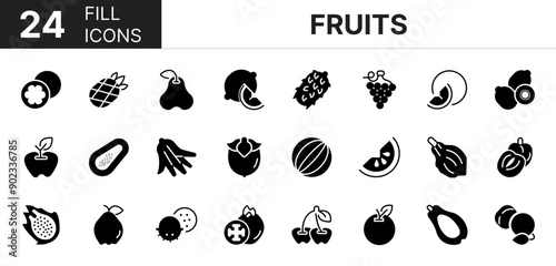 Collection of 24 Fruits fill icons featuring editable strokes. These outline icons depict various modes of Fruits, exotisch, pictogram, ingesteld, eetbaar, appel,  photo