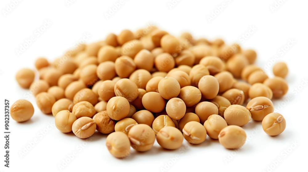 **Image description:** A pile of soybeans on a white background. The soybeans are tan and round, and they are all in focus. **Image description:** A pile of soybeans on a white background. The soybeans are tan and round, and they are all in focus.