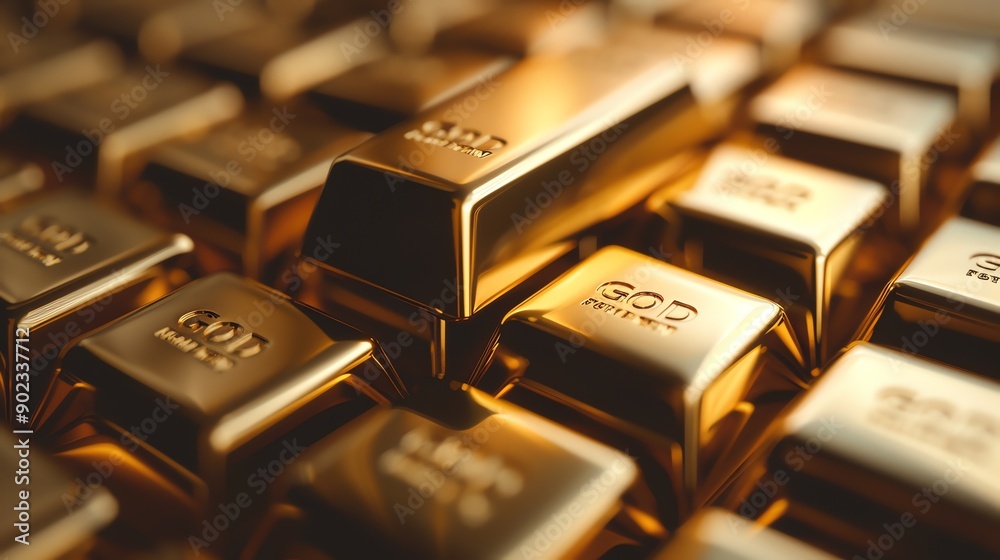 The image is a close-up of a stack of gold bars. The bars are arranged in a neat and orderly fashion, and they are reflecting the light. The image is a close-up of a stack of gold bars. The bars are arranged in a neat and orderly fashion, and they are reflecting the light.