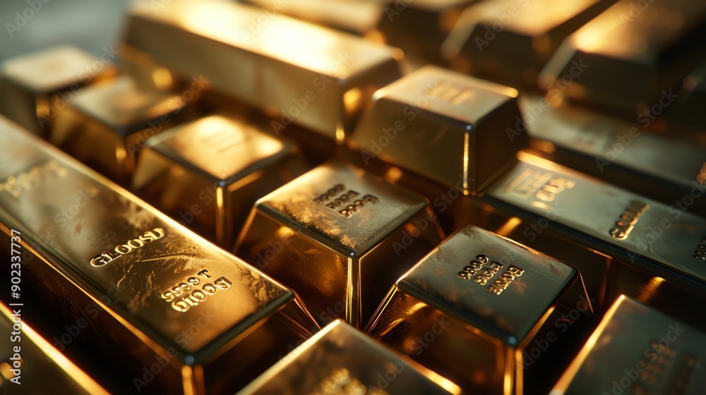 The image is a close-up of a stack of gold bars. The bars are arranged in a neat stack, with the edges of the bars aligned. The image is a close-up of a stack of gold bars. The bars are arranged in a neat stack, with the edges of the bars aligned.