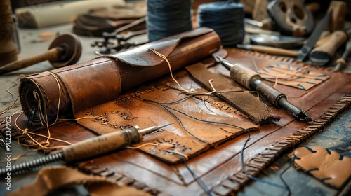 Unleash your creativity with this captivating image of a leather crafter's workspace.