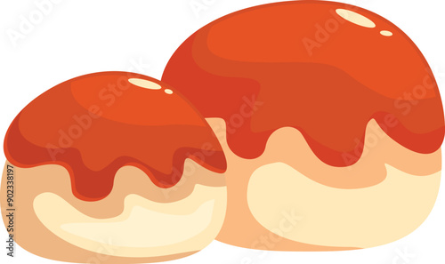Two delicious buns with flowing orange glaze on white background