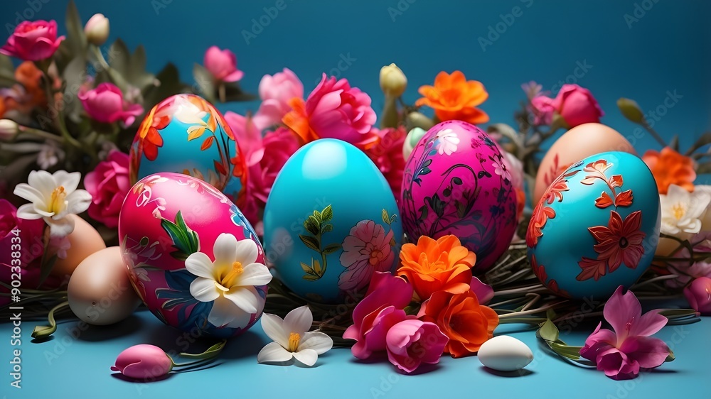 Fototapeta premium vibrant Easter eggs adorned with flowers and intelligent AI