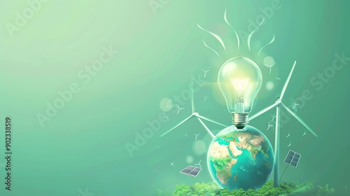 A glowing light bulb on top of the Earth with wind turbines and solar panels around it. The image is set against a green background.