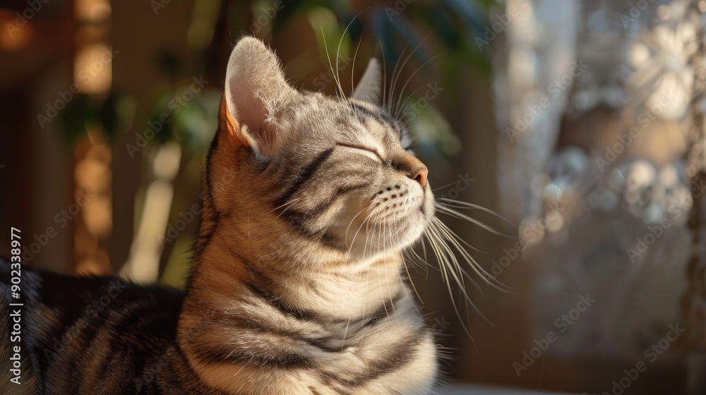 Naklejka premium Grooming of American shorthair cat under the sun