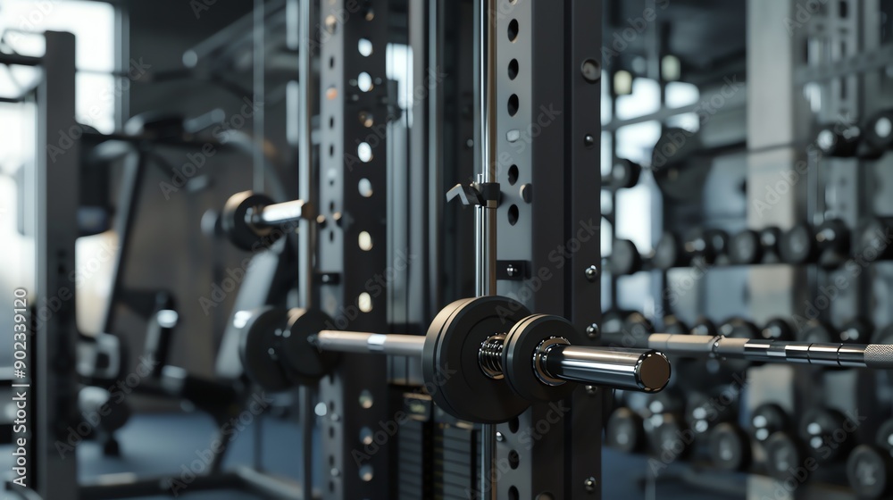 The image shows a close-up of a barbell on a weight rack in a gym. The barbell is made of metal and has a black finish. The image shows a close-up of a barbell on a weight rack in a gym. The barbell is made of metal and has a black finish.