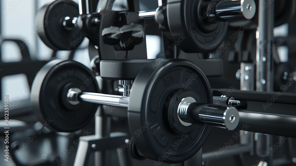 Black barbells with black and gray weight plates on a rack in a gym. The barbells are in focus, with the weights blurred in the background. Black barbells with black and gray weight plates on a rack in a gym. The barbells are in focus, with the weights blurred in the background.