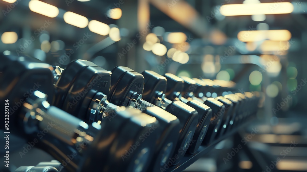 A rack of dumbbells in a blurry gym. The dumbbells are black and have silver handles. The rack is made of metal and is painted black. A rack of dumbbells in a blurry gym. The dumbbells are black and have silver handles. The rack is made of metal and is painted black.