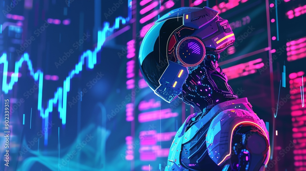A futuristic illustration of a robot wearing a helmet with glowing lights. A futuristic illustration of a robot wearing a helmet with glowing lights.