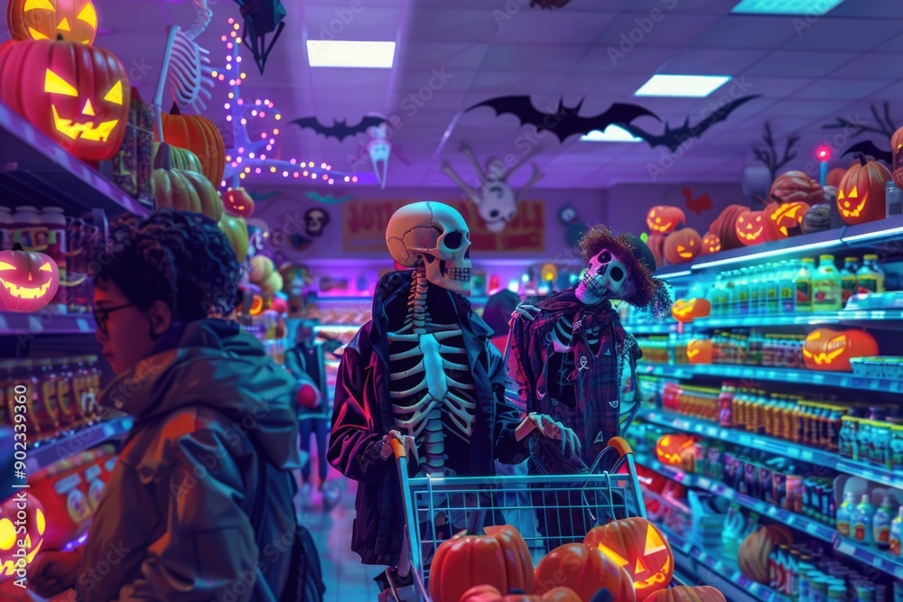 Obraz premium Skeletons shopping in a Halloween-themed supermarket with glowing jack-o'-lanterns and neon lighting, creating a surreal spooky atmosphere