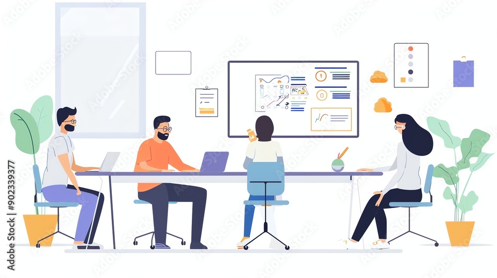 A group of people are sitting around a table in a meeting. They are looking at a whiteboard with a chart on it. There are plants in the background. A group of people are sitting around a table in a meeting. They are looking at a whiteboard with a chart on it. There are plants in the background.