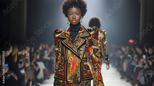 Young beautiful african american fashion model with afro hairstyle and elegant embroidered jacket with golden elements on the runway.