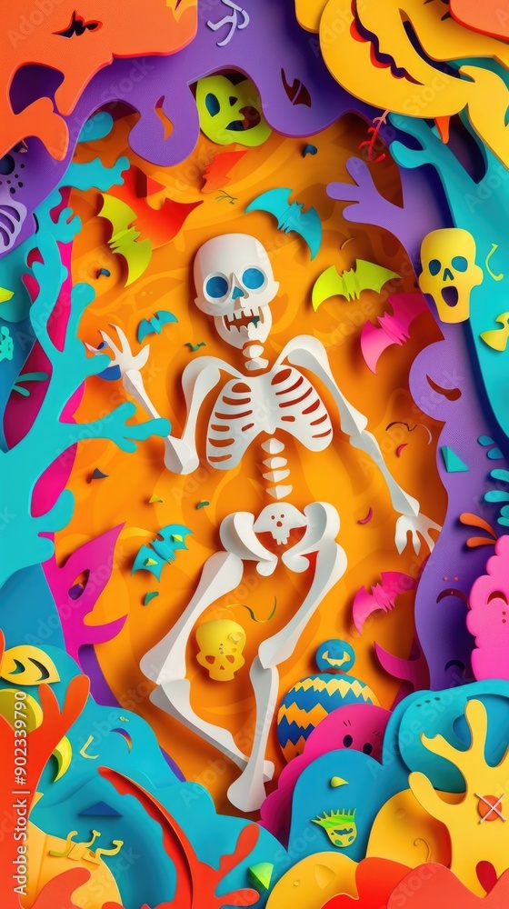 Fototapeta premium Colorful paper art skeleton amidst vibrant cutout shapes and whimsical halloween elements