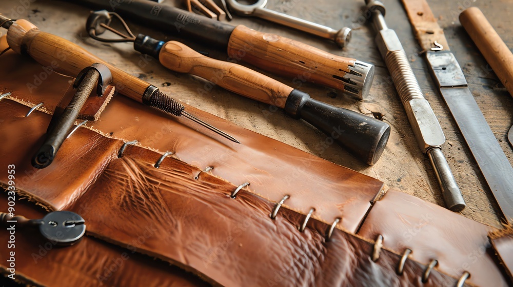 **Image description:** A close-up of a leatherworking tools and materials. **Image description:** A close-up of a leatherworking tools and materials.