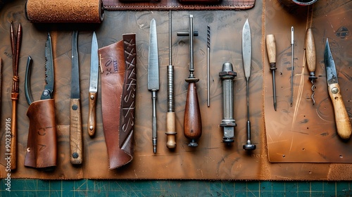 Top view of a leatherworker's tools on a brown leather background. The tools include a variety of knives, an awl, a stitching chisel, and a hammer.