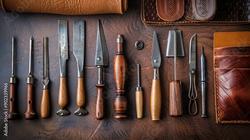 Top view of a leatheråŒ äºº's tools on a wooden table. The tools are arranged in a row, with a variety of shapes and sizes.