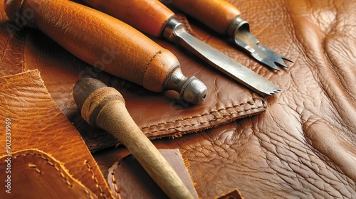 **Image description:**  A close-up of leatherworking tools on a piece of brown leather. The tools include a stitching awl, a knife, and a chisel. photo