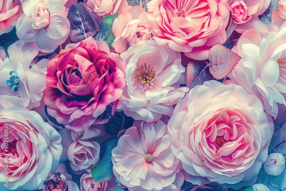 Watercolor composition of garden flowers in full bloom with a spectrum of colors and detailed leaves